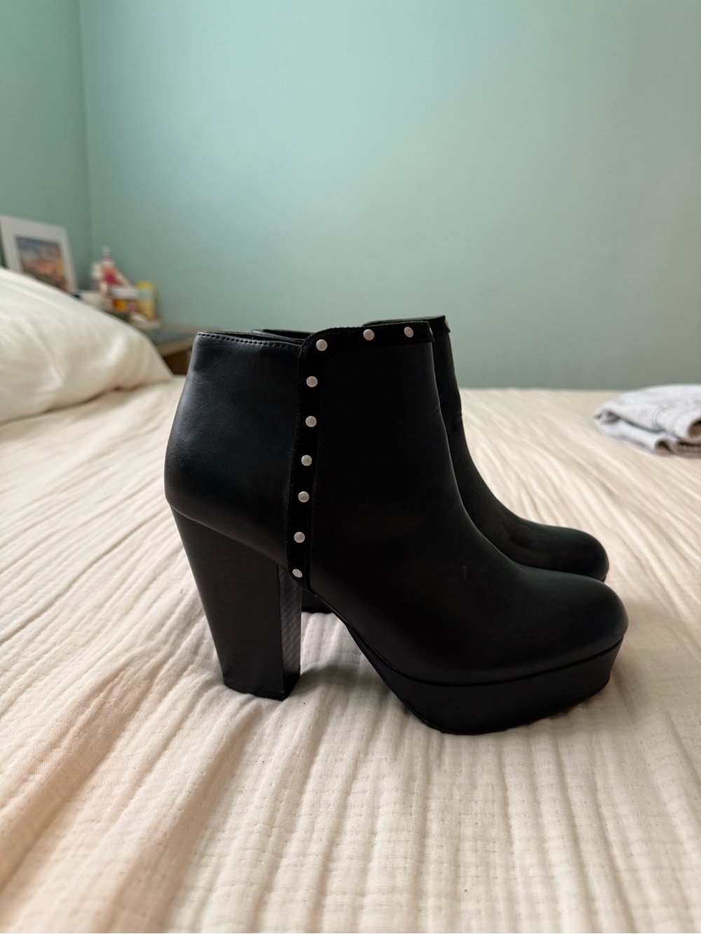 Black Platform Ankle Boots with Stud Trim